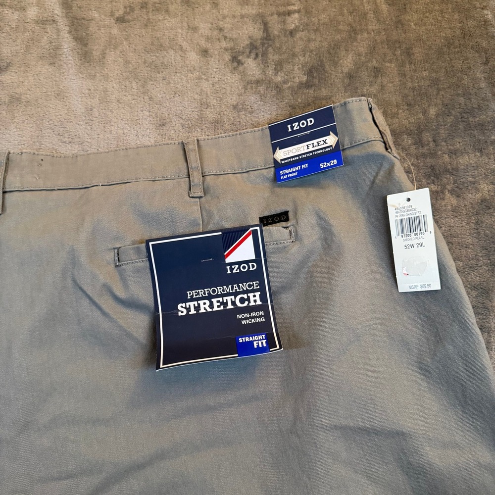 IZOD Performance Stretch Dress Pants Non Iron Wicking Gray Mens  52x29